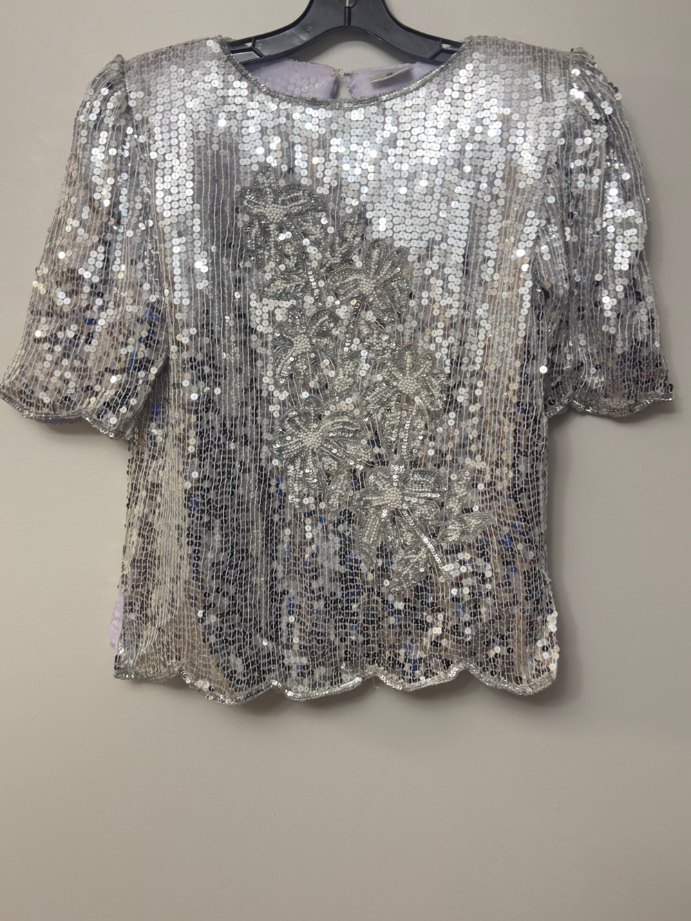 Silver Sequin Floral Short Sleeve Evening Top